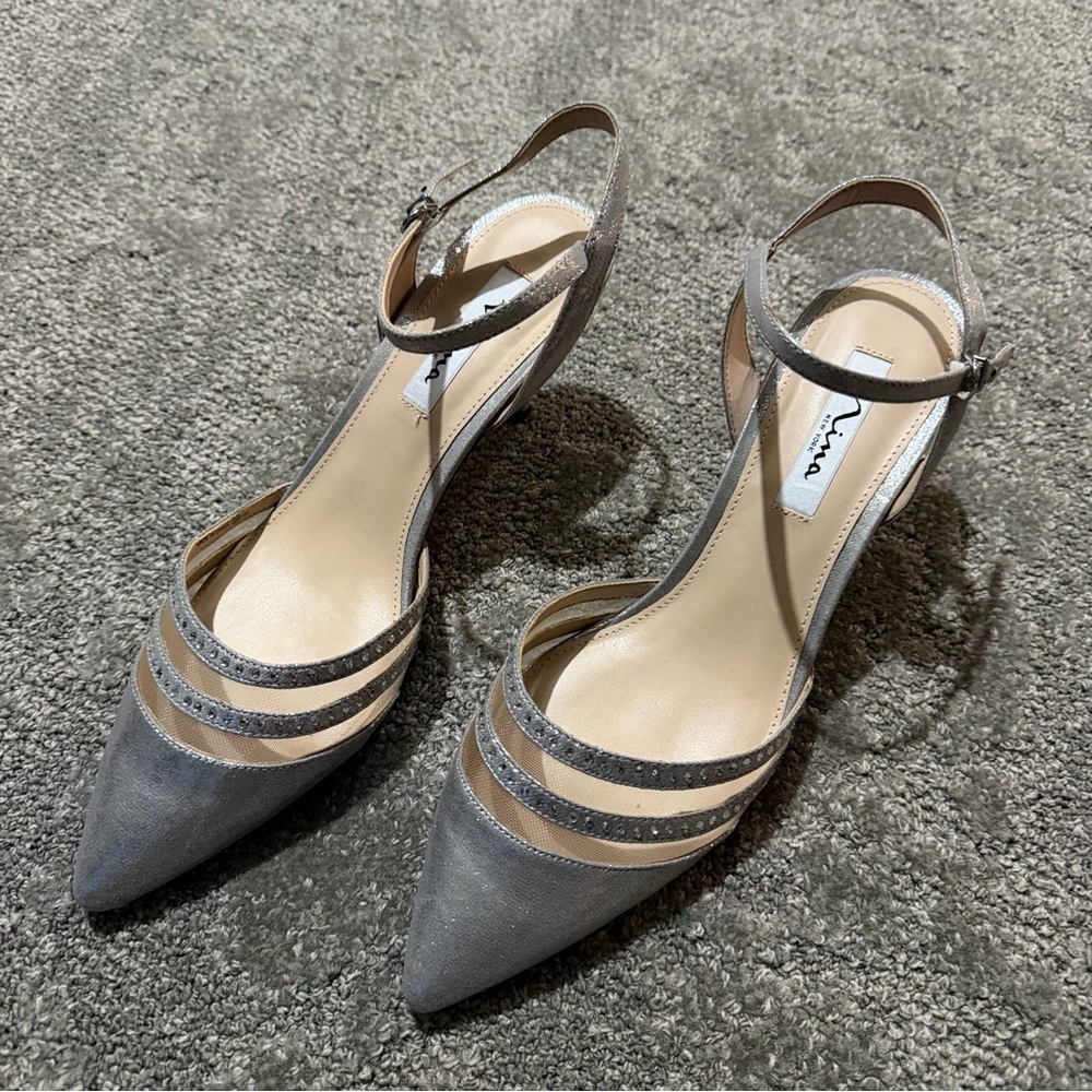 Nina Silver Gray Pointed-Toe Ankle-Strap Heels